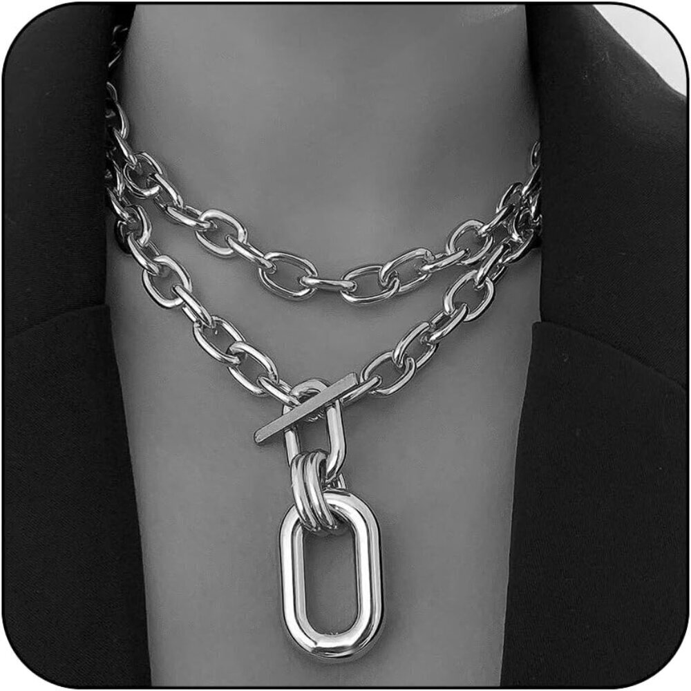 🆕 Women Silver Toggle Clasp Necklace Chunky Punk Layered Choker Simple Jewelry